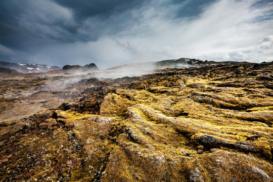 Exotic view of the geothermal valley Leirhnjukur. Location place Myvatn lake, Krafla, Iceland.