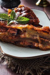 Egg-plant lasagna with cheese tomato sauce and basil