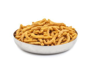 Sev is a popular Indian snack food consisting of small pieces of crunchy noodles made from chickpea flour paste, which are seasoned with turmeric, cayenne, and ajwain before being deep-fried in oil.