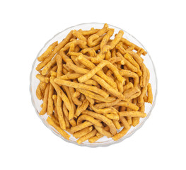 Sev is a popular Indian snack food consisting of small pieces of crunchy noodles made from chickpea flour paste, which are seasoned with turmeric, cayenne, and ajwain before being deep-fried in oil.