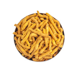 Sev is a popular Indian snack food consisting of small pieces of crunchy noodles made from chickpea flour paste, which are seasoned with turmeric, cayenne, and ajwain before being deep-fried in oil.