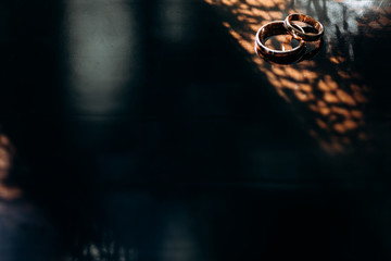 Closeup of a couple golden wedding rings on wooden table, two engraved engagement rings, marriage...