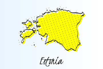 Obraz premium Map of Estonia, halftone abstract background. drawn border line and yellow color