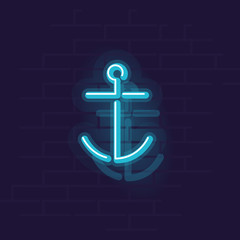 Neon anchor icon. Night illuminated wall street sign. Isolated geometric style illustration on brick wall background.