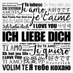 ICH LIEBE DICH (I Love You in German) in different languages of the world, word cloud background