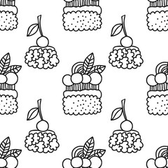 Cakes, sweet dessert. Black and white seamless pattern for coloring book or page.