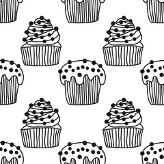 Cakes, sweet dessert. Black and white seamless pattern for coloring book or page.