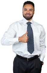 Cheerful successful young black businessman isolated on white