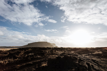 Lava field in Iceland, autumn, dramatic sky