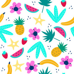 Tropical seamless pattern with simple fruits, flowers and leaves. Vector hand drawn illustration.