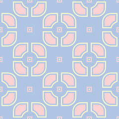 Seamless background with geometric pattern. Pink and beige elements on blue backdrop