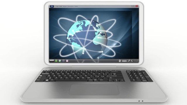 Animazione. Computer portatile grigio. Apertura e chiusura. Sul monitor varie applicazioni