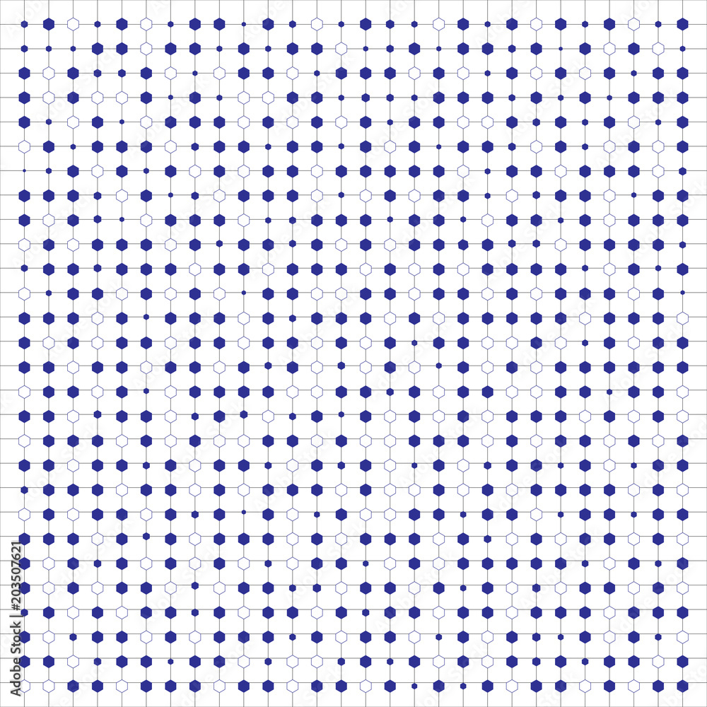 Poster abstract blue color hexagons pattern on grid background.