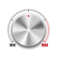 Realistic metal button with circular processing. Dial knob level technology settings isolated on white background. Vector illustration.
