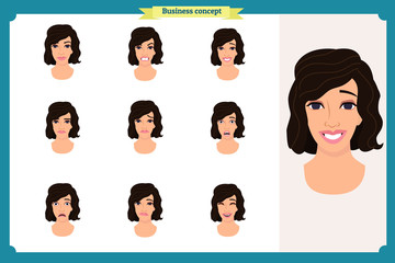 Set of woman expression isolated on white. Flat design. Cute emotions female head illustration.Vector face girl,angry, sad, smiling. Businesswoman character