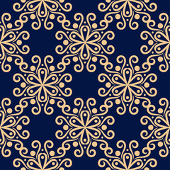 Golden floral seamless pattern on blue background