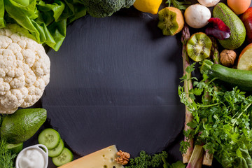 Round black slate with many vegetables around there.