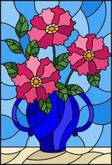 Illustration in stained glass style with still life, bouquet of pink flowers in a blue vase
