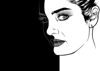 Woman Face with Fashion Make-up - Black and White Drawing Illustration on Divided Background, Vector