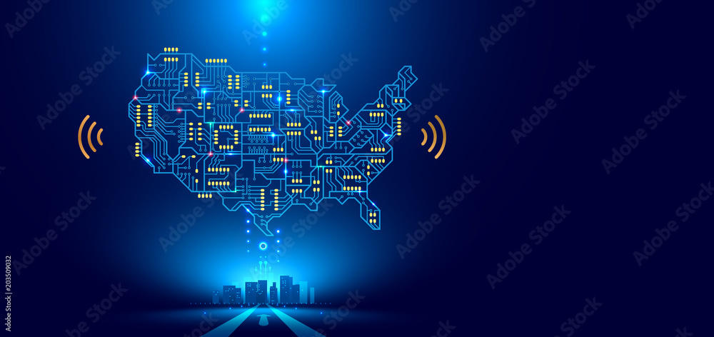 Aufkleber Abstract communication network map USA or America as a printed circuit Board. Smart city connected with country. Technology concepts
