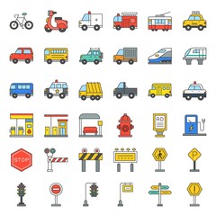 Transportation set with sign on road side, filled outline icon