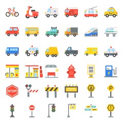 Transportation set with sign on road side, flat icon