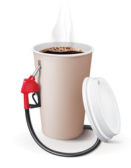 Paper cup of coffee with dispenser. Metaphor coffee is power for people. Creative vector 3d illustration