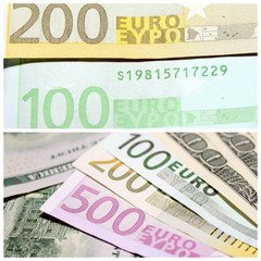 Collage with several euro banknotes and dollar bills