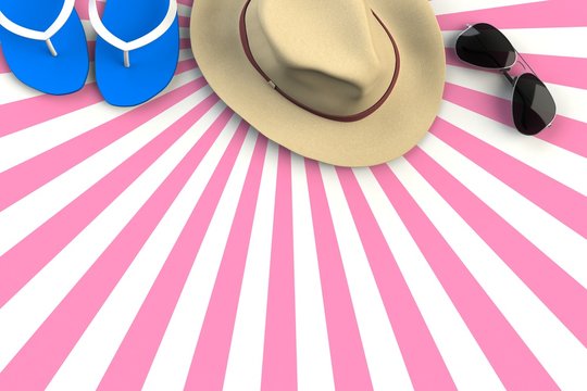 Beach accessories on striped pink background, Summer vacation concept, 3D rendering