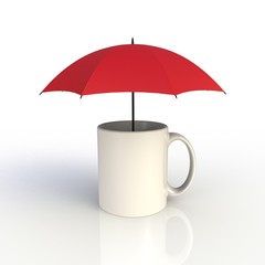 Umbrella with white coffee cup isolated on white background. Mock up Template for application design. Exhibition equipment. Set template for the placement of the logo. 3D rendering.