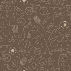 Seamless pattern on the theme of summer sports, simple light  icons contour on a brown  background