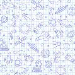 Obraz premium Seamless pattern on the theme of space and space flight, blue contour icons on the clean writing-book sheet in a cage