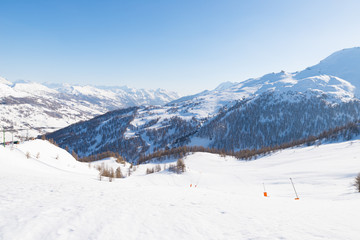 Fototapeta na wymiar Panoramic view of Sestriere ski resort from above, famous travel destinatio in the Alps, Piedmont, Italy.