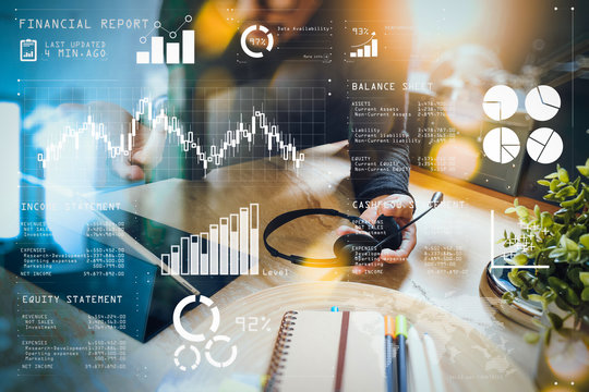 Man using VOIP headset with digital tablet computer docking smart keyboard, concept communication, it support, call center and customer service help desk,filter film effect