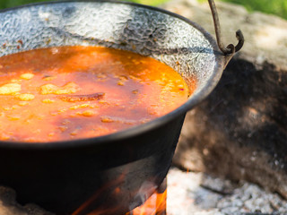 Gulyas stew boiling in a cauldron
