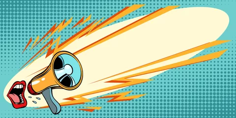 Mund schreit in ein Megaphon. Pop-Art-Hintergrund © rogistok