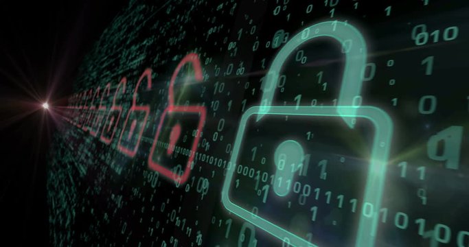 Cyber security background. New seamless looping animation with closing padlocks and flying numbers dynamic motive. Concept of computer safety.