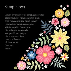 Floral composition with beautiful summer flowers and place for text. Cute template for cards, flyers, invitations. Vector illustration.