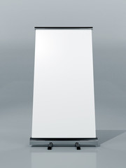 Outdoor Advertising Stand Banner (empty roll-up poster) - mockup template on gray background. 3D rendering