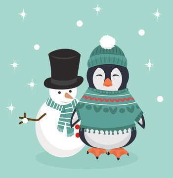 Penguin in winter clothes with Snowman