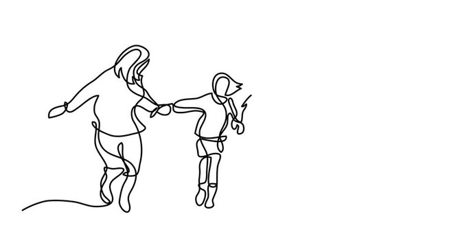 Self drawing animation of continuous line drawing of happy family running