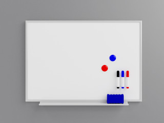 Empty whiteboard (magnetic board) on gray wall. Mockup template- 3D rendering