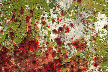 Old metal green and white painted background with streaks of rust for creativity, textures and backgrounds.