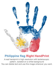 Hand print of the right hand in the colors of the flag of Philippines, red-blue-white flag with yellow sun