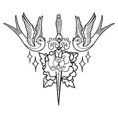 Graphic flower, knife and swallows