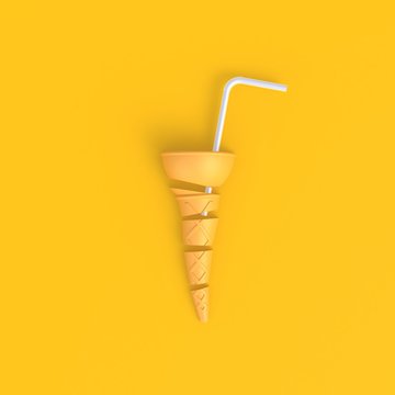 Ice cream cone sliced with white drinking straws abstract minimal yellow background, Food concept, 3d rendering