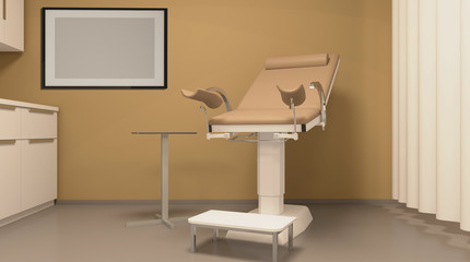 Colposcope and gynecologicalchair in medical centre. 3D rendering.. Empty paintings