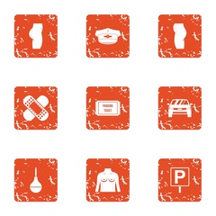 Emergency care icons set. Grunge set of 9 emergency care vector icons for web isolated on white background