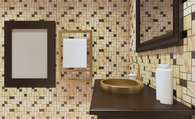 Modern bathroom including bath and sink. 3D rendering.. Blank paintings