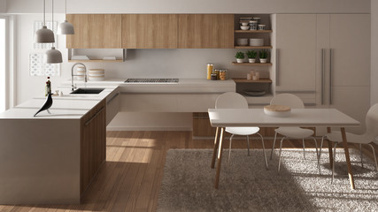 Modern minimalistic wooden kitchen with dining table, carpet and panoramic window, white architecture interior design